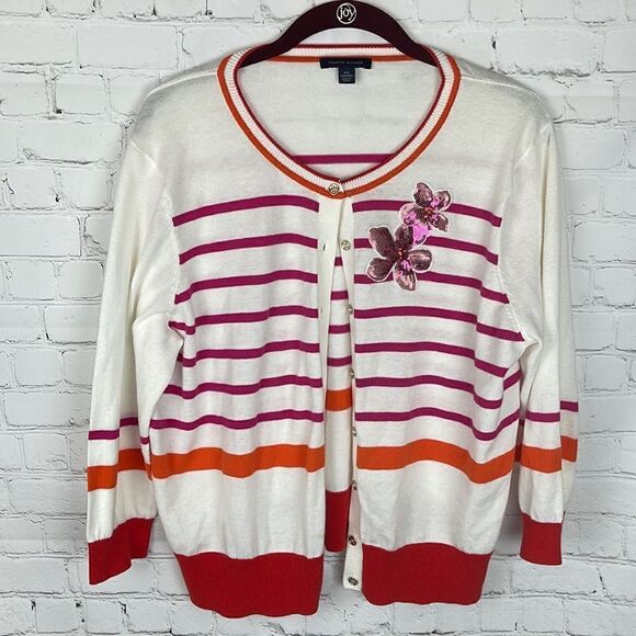 Tommy Hilfiger Button Up Striped Cardigan with Sequin Floral  Patch Size XXL - Picture 2 of 6